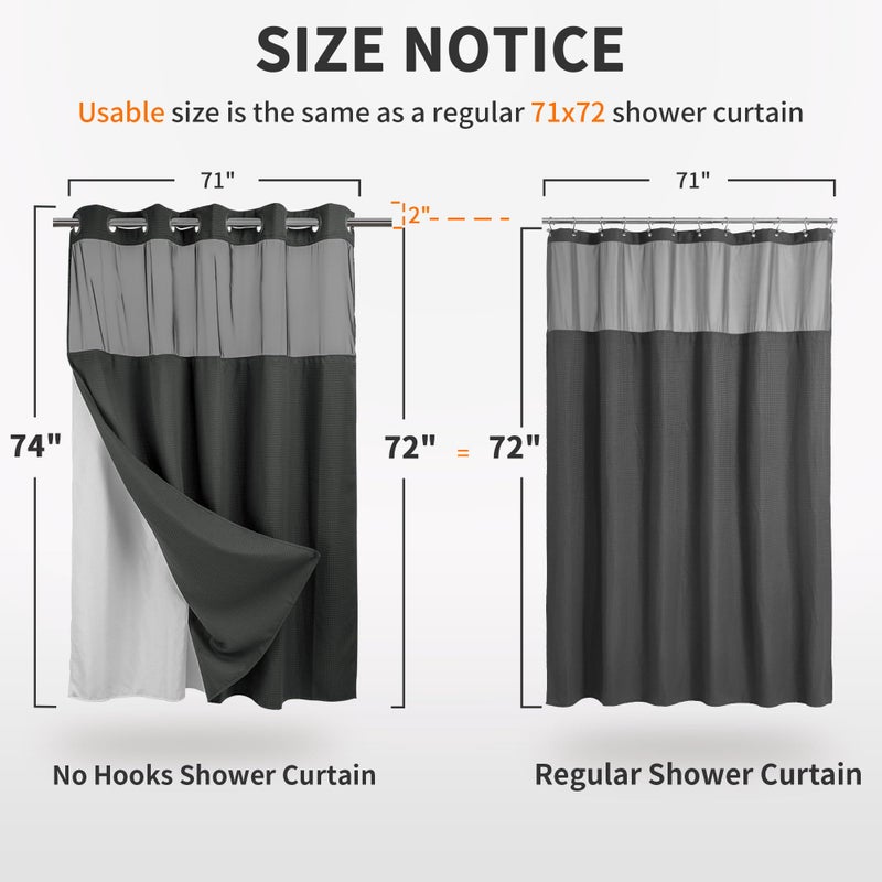 River Dream Heavyweight No Hooks Required Dotted Waffle Weave Shower Curtain with Snap in Liner - 71W x 74H,Hotel Grade,Spa Like Bath Curtain,Graphite Grey - Image 5
